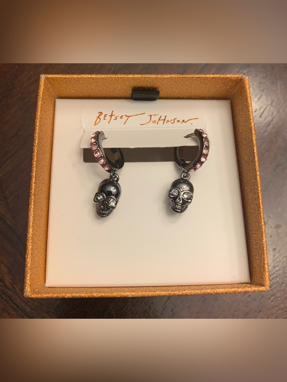 Betsey Johnson Pink Crystal Skull Hoop Earrings